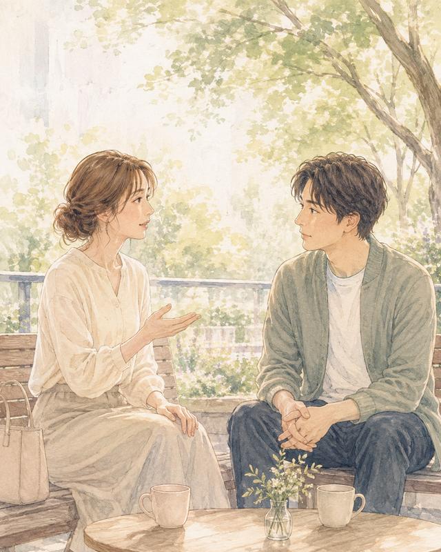 互いの距離と気持ちを尊重しながら穏やかに向き合う男女のイラスト