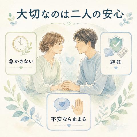 身体の関係で大切な同意、避妊、安全をやさしく示す解説イラスト