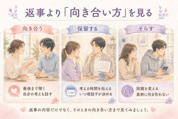 関係について話したときの向き合う、保留、回避の反応を比較した解説画像