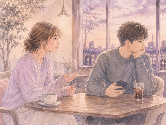 関係について真剣に話したい女性と、視線をそらして話題を変える男性のイラスト