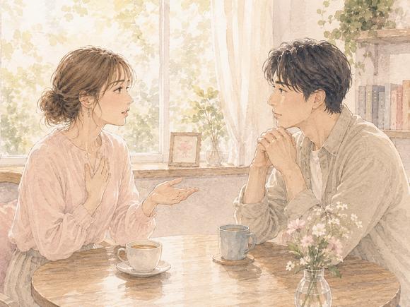 落ち着いた時間に曖昧な関係について率直に話す男女のイラスト