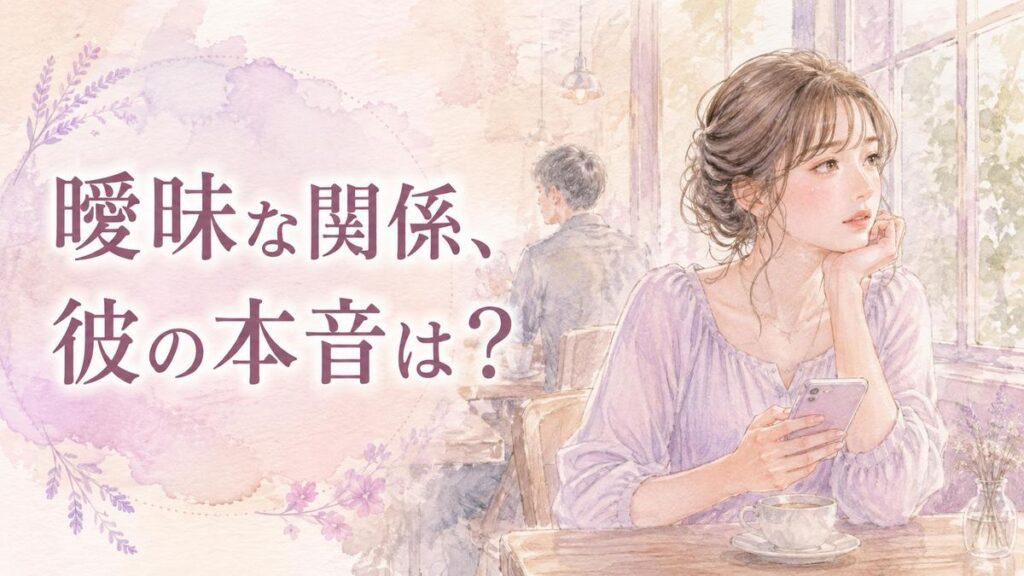 恋人のような男性との曖昧な関係に悩み、相手の言葉と行動を考える女性のイラスト