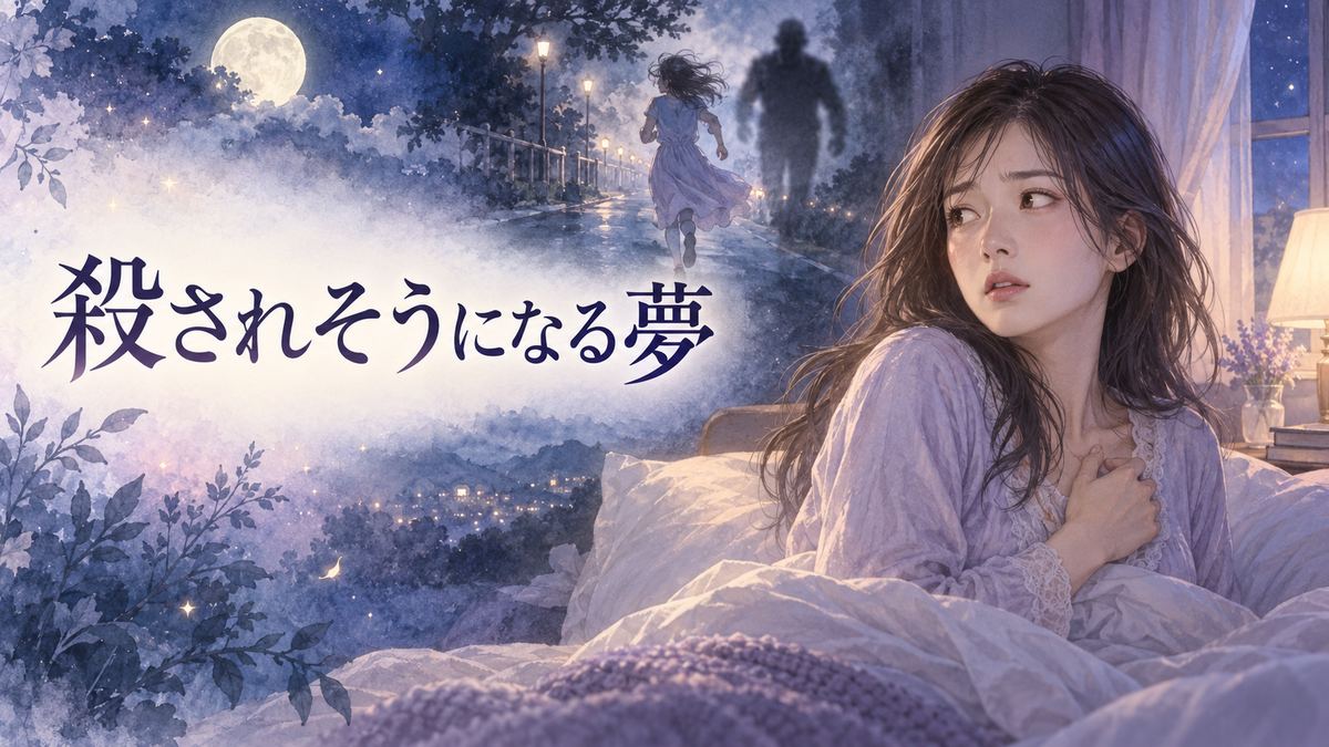 夜の寝室で目覚めた女性と、背後にぼんやり浮かぶ追跡夢の人影