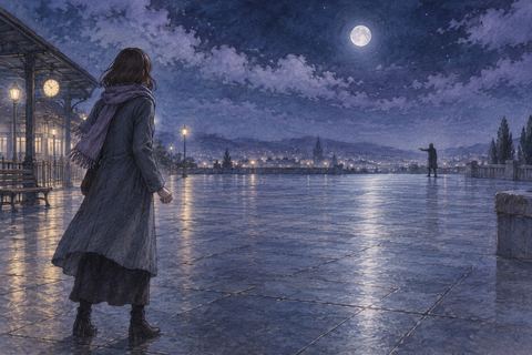 夜の広い空間で遠くの人影に銃を向けられ立ち止まる人物
