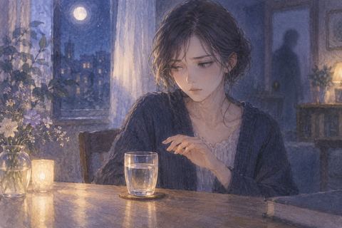 夜のテーブルで飲み物を前に違和感を覚える人物