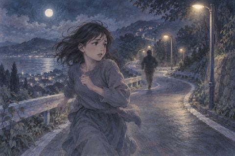 夜道を走りながら後ろの人影を振り返る人物