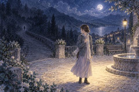 夜道の明るい場所へたどり着き振り返る人物