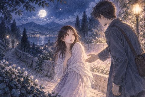 夜道で不安そうな人物へ手を差し伸べる別の人物