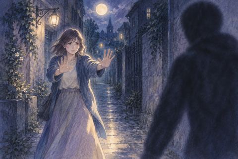 夜の路地で手を前に出して相手を制止する人物