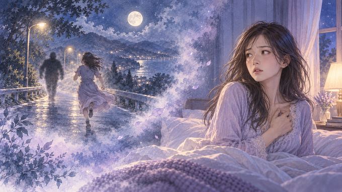 追われる夢から目覚めてベッドで胸元に手を添える女性