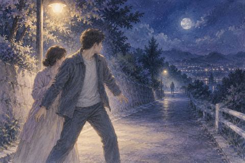 夜道で家族をかばうように前へ出る人物