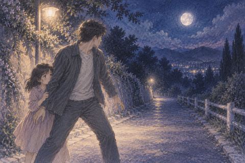 夜の道で子供をそっと後ろにかばう大人