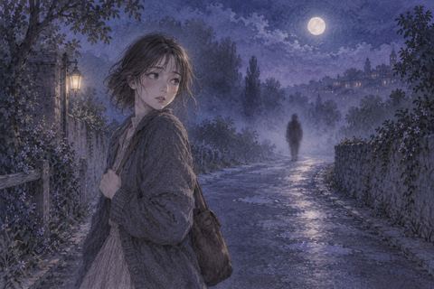 霧の夜道で顔の見えない人影から距離を取る人物