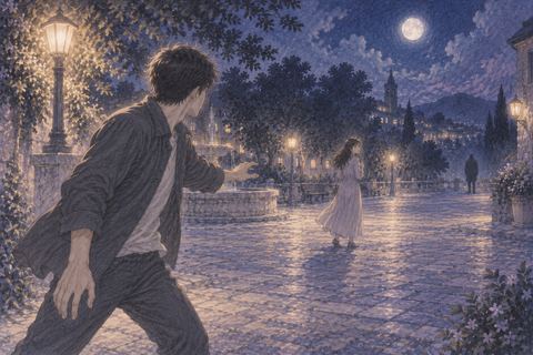 夜の広場で危険に気づいた人へ手を伸ばす別の人物