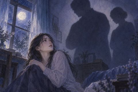 夜の室内で親の大きな影を前に身を引く大人の人物