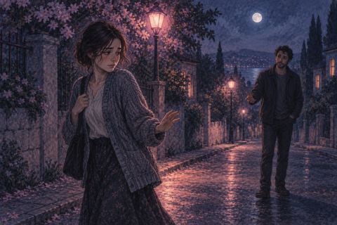 夜道で恋人らしい人物と距離を取り戸惑う女性