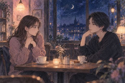 夜のカフェで友達と向かい合い身構える人物