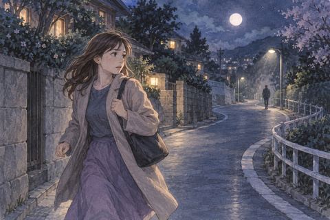 夜道を急ぐ人物と遠くからついてくるぼんやりした人影