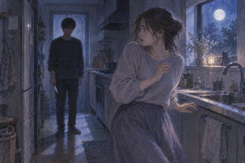 夜の台所で刃物を持つ人影から距離を取る人物