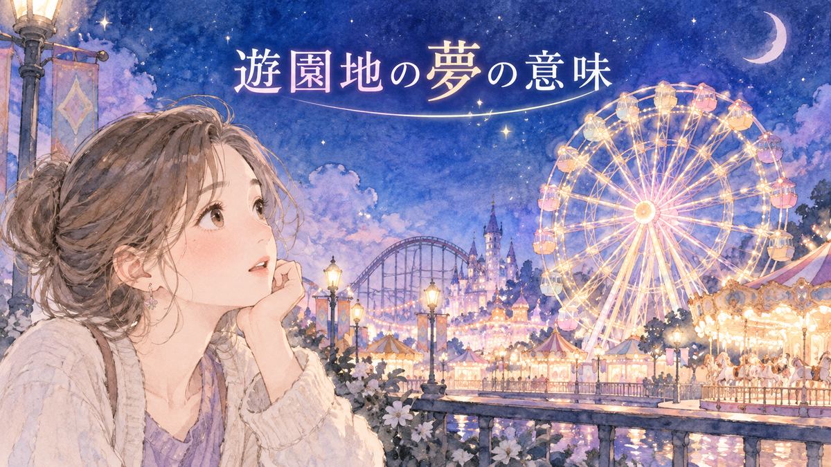 夜の遊園地を見つめる大人の女性と観覧車