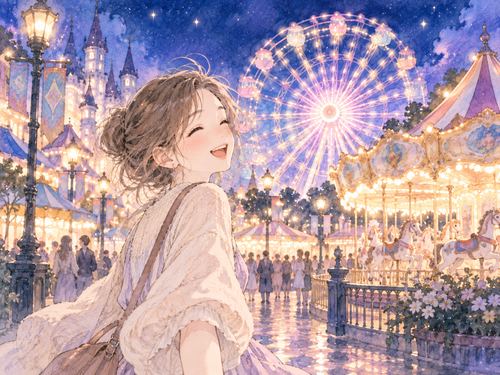 夜の遊園地で楽しそうに歩く女性