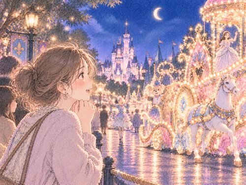 夜の遊園地でパレードを見る女性