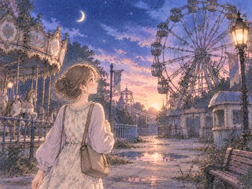 静かな廃遊園地を歩く女性