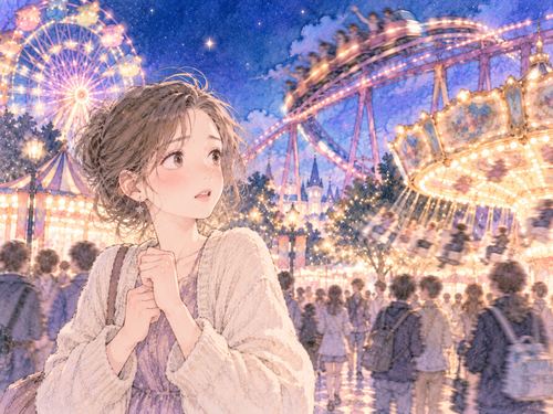 夜の遊園地で不安そうに立つ女性