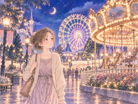 夜の遊園地を一人で歩く女性