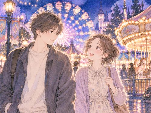 夜の遊園地を並んで歩く男女