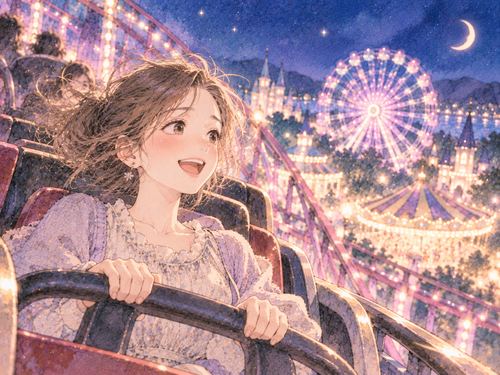 夜の遊園地でアトラクションに乗る女性