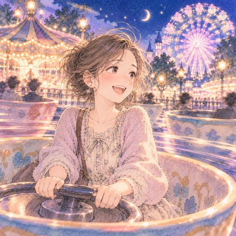 夜の遊園地でコーヒーカップに乗る女性