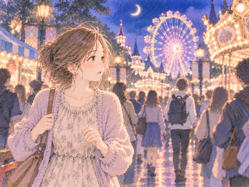 遊園地の人混みで同行者を探す女性