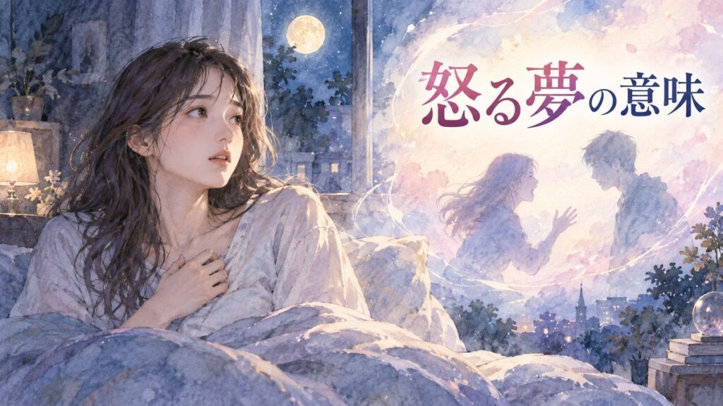 夜明け前の部屋で目を覚まし、怒る夢の余韻を静かに感じている大人の女性と淡い光に浮かぶ夢の風景