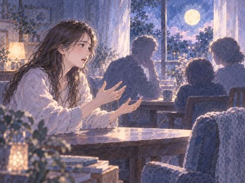 夜の室内で家族のシルエットに向かって困った表情で話す女性