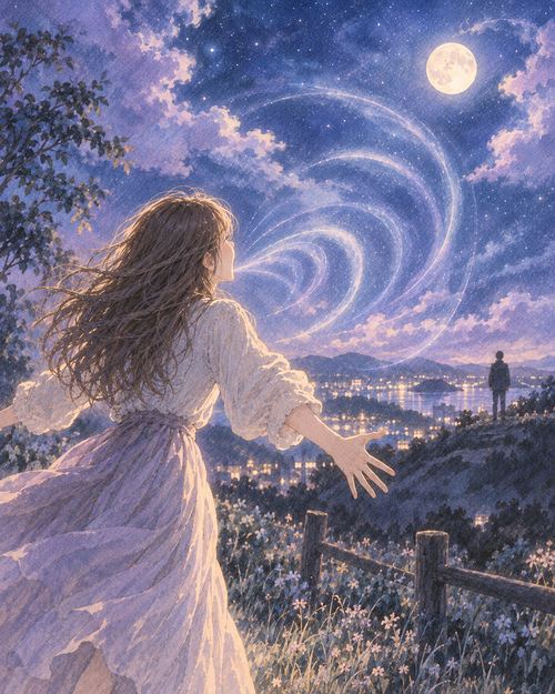 夜空の下で誰かへ向かって叫ぶ女性と広がる光の波紋