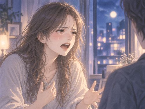 涙をこぼしながら誰かへ気持ちを伝える女性の幻想的な夢の場面