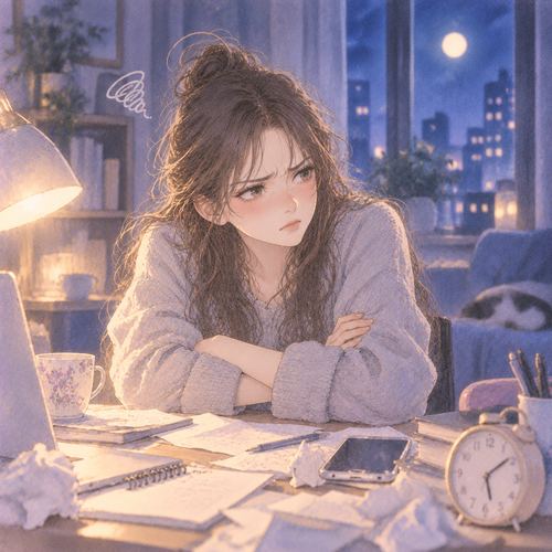 夜の机の前で小さな違和感にいら立ちながら考え込む女性