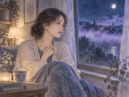 夜の部屋で窓の外を見つめ、気持ちが晴れない女性の夢の場面