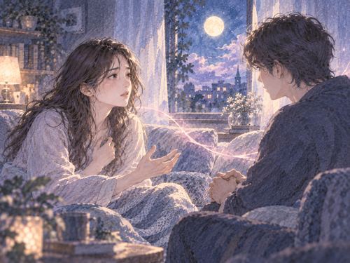 夜の部屋で恋人に気持ちを伝える女性と静かに向き合う相手