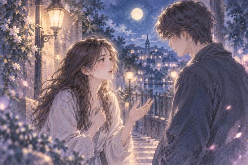夜の街灯の下で好きな人に思いを伝える女性の幻想的な夢の場面