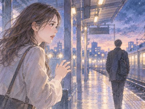 夕暮れから夜へ変わる駅で元恋人へ言葉を伝える女性の夢の場面