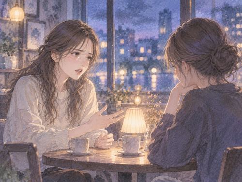 夜のカフェで友達に言葉を伝えながら戸惑う女性の夢の場面