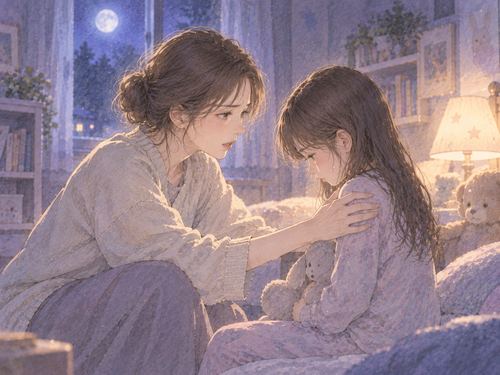 夜の部屋で子供に話しかけながら心配そうな表情を見せる大人の女性