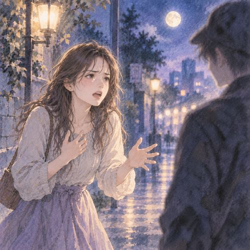 夜の静かな道で見知らぬ人物に困惑しながら言葉を伝える女性の夢の場面