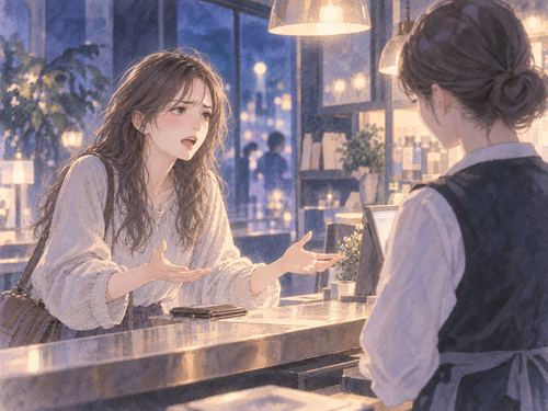 夜の店内で店員に困った表情で話す大人の女性の夢の場面