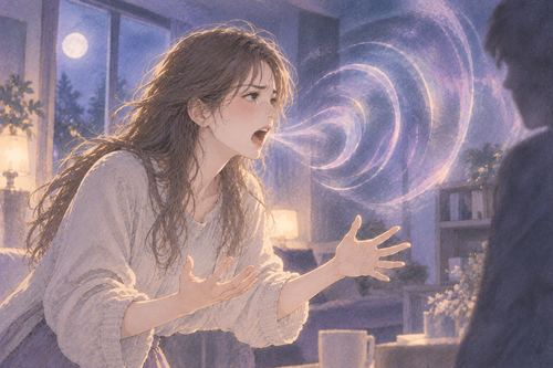 夢の中で大きな声を上げながら相手へ言葉を伝える女性