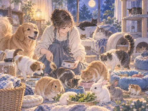 たくさんの動物に囲まれて世話をする夢の場面