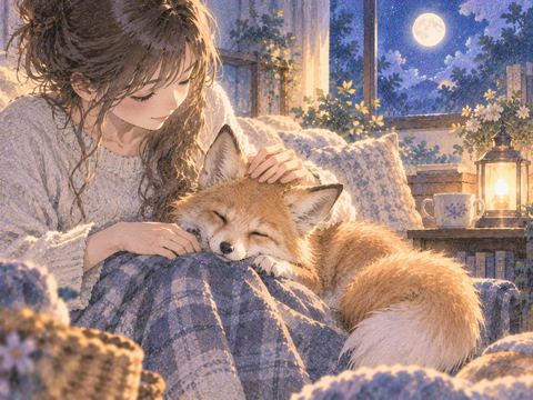 人の膝に安心して寄り添う動物