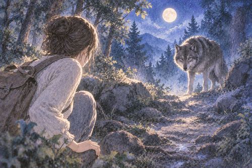 離れた場所から動物と向き合い身構える人物
